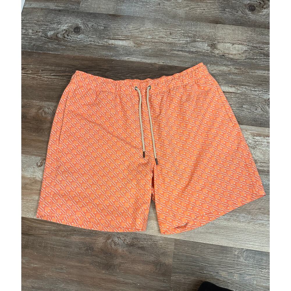 Fair Harbor The Bayberry Swim Trunk Boardshorts in Orange Sea Squares sz 34